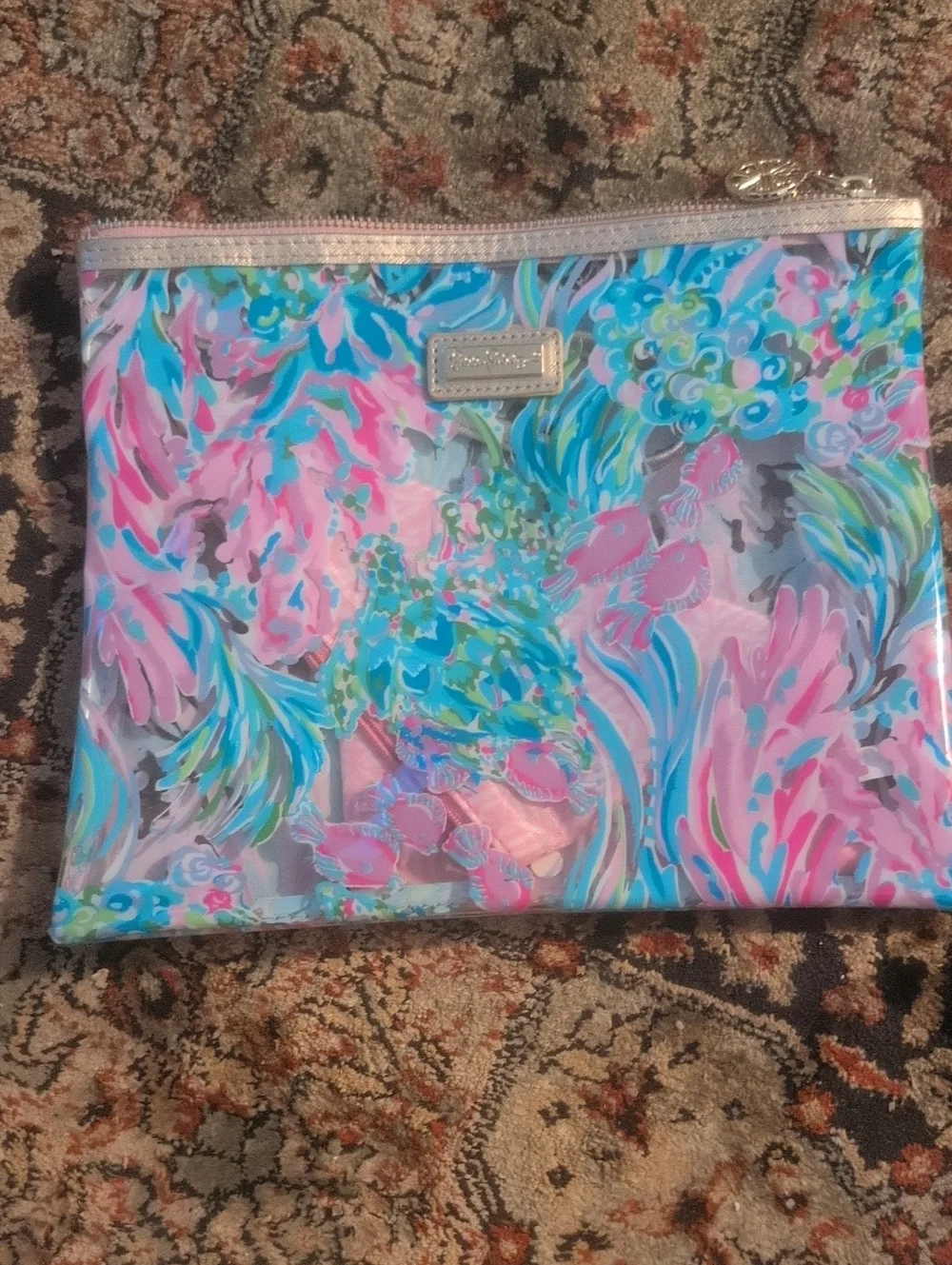 Lilly Pulitzer Pink, Blue & Green Floral Vinyl Cosmetic Pouch Wristlet
